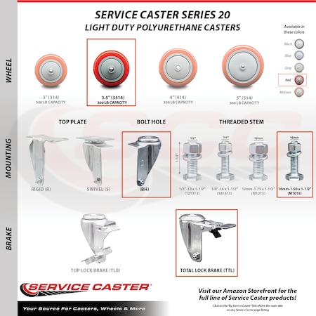 Service Caster 3.5 Inch Red Polyurethane Swivel 10mm Stem Caster Total Lock Brake, 2PK SCC-TSTTL20S3514-PPUB-RED-M1015-2-S2